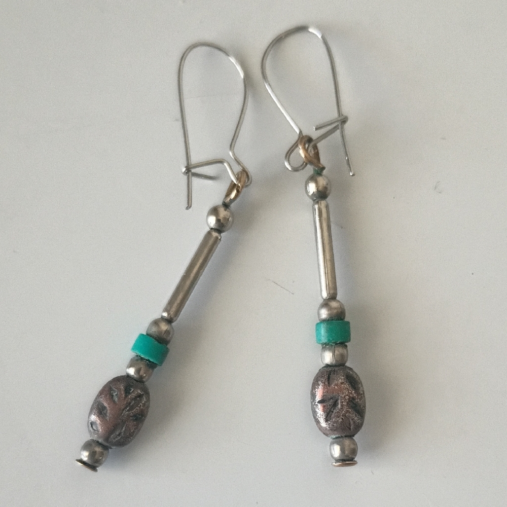 Authentic Vintage Dangle Earrings Zuni Craftsman With Turquoise And Sterling